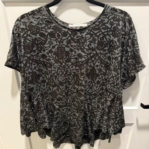 Peruvian Connection Peplum Top M/L Black Gray Floral Short Sleeve Boho Blouse
